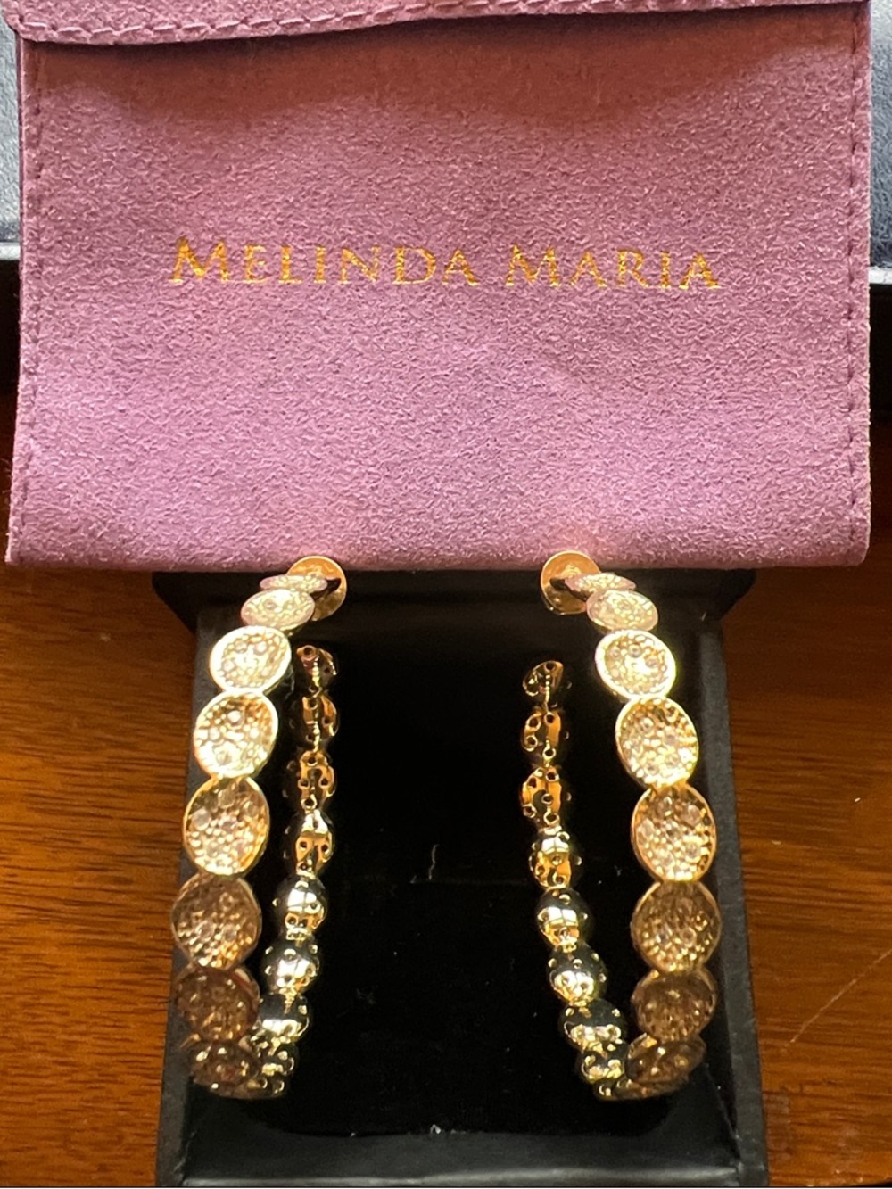 Melinda Maria Gold Crystal Disk Hoop Earrings with Pink Pouch